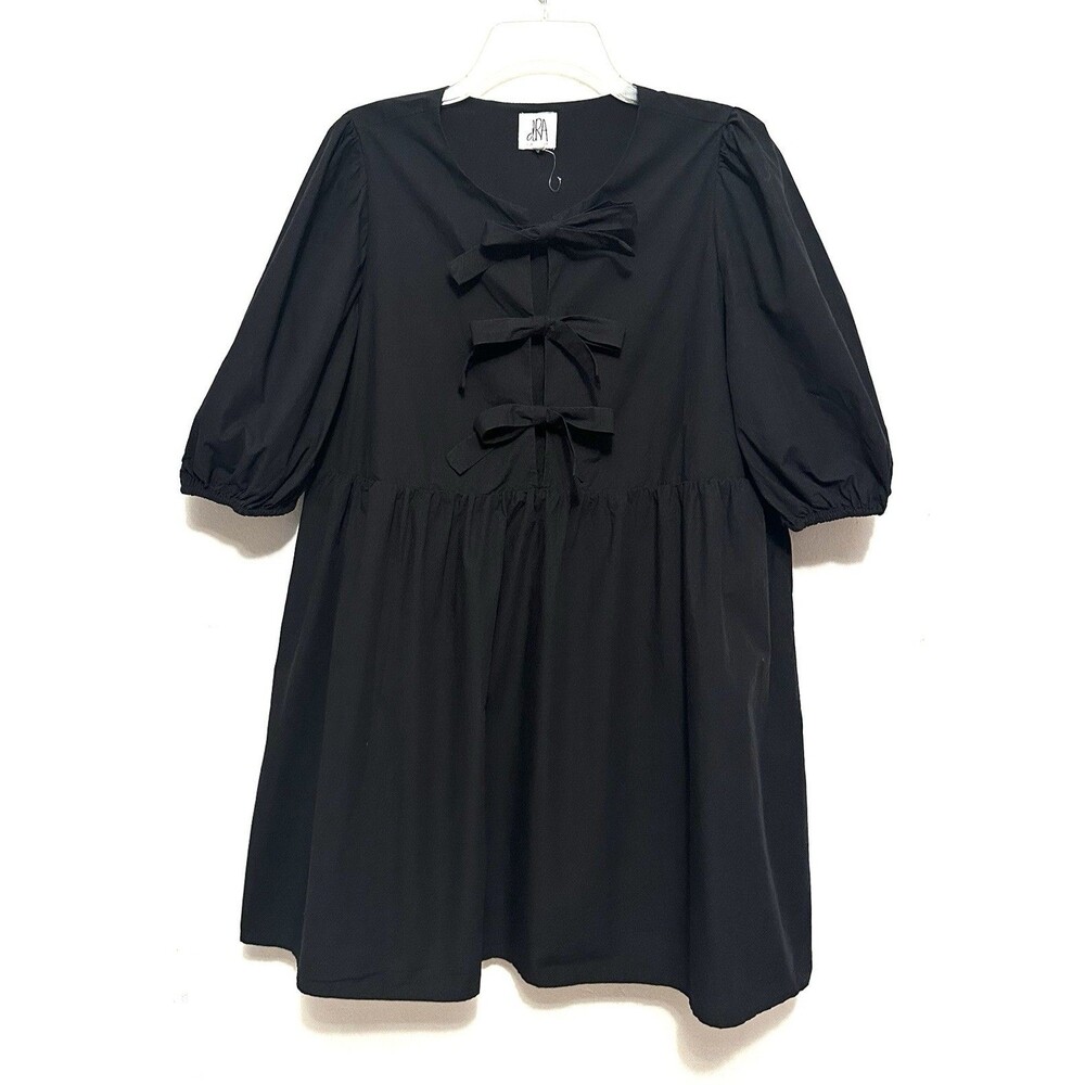 DRA Los Angeles Anthropologie Black Cocktail Dress Bows Ties Puff Sleeves M